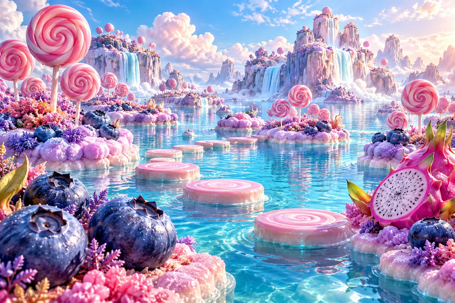 Lollipop lagoon in Qavorelin's illustrated fruit and confectionery world