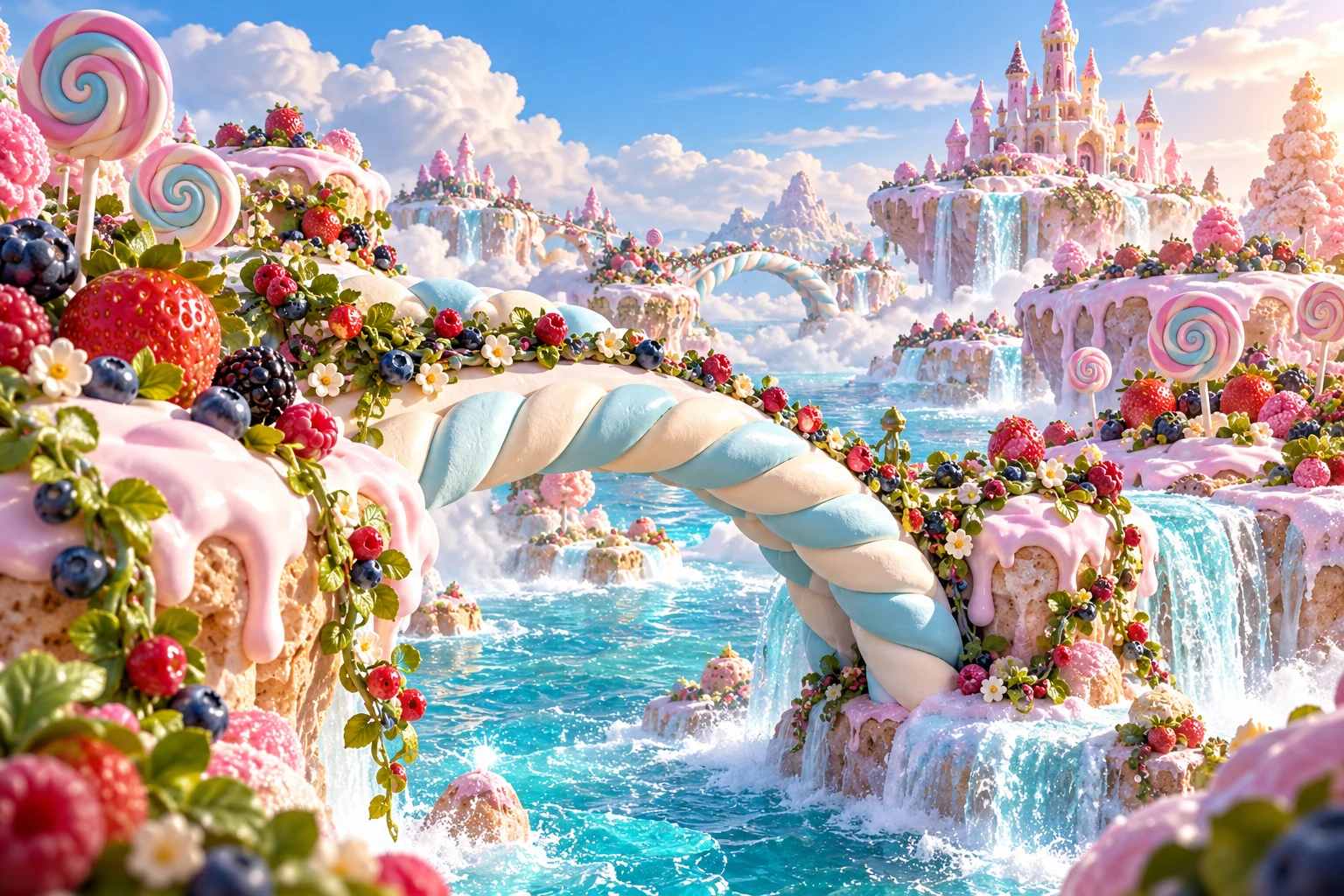 Marshmallow bridges in Qavorelin's illustrated fruit and confectionery world