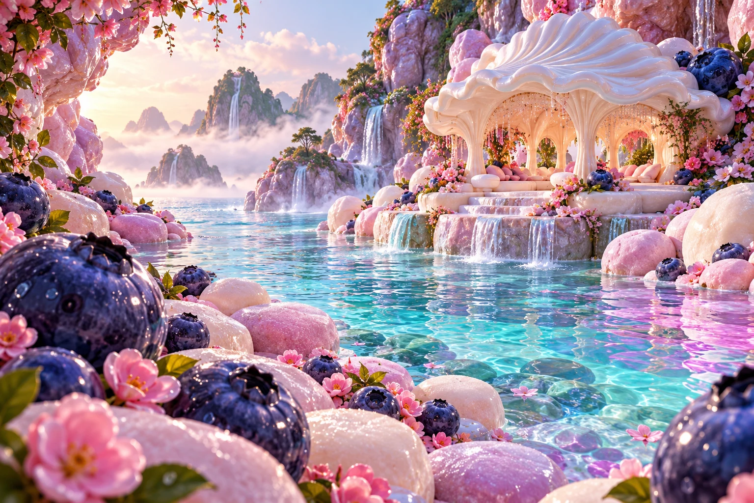 Quiet cove in Qavorelin's illustrated fruit and confectionery world